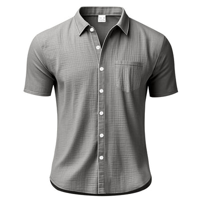 Solid Color Casual Linen Blouse With Short Sleeve And Shirt Collar For Men