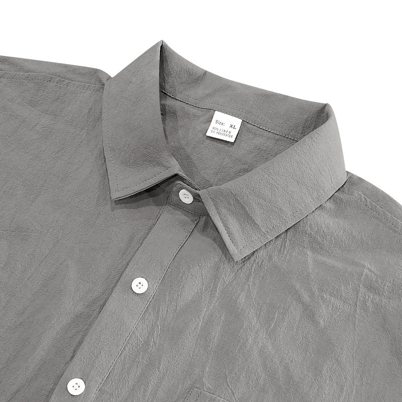 Solid Color Casual Linen Blouse With Short Sleeve And Shirt Collar For Men