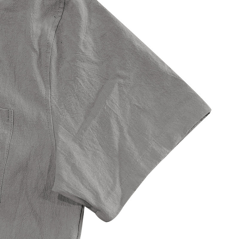 Solid Color Casual Linen Blouse With Short Sleeve And Shirt Collar For Men