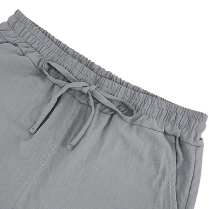 Men's Casual Khaki Linen Shorts Co-ord Set With V Neck Long Sleeve Top And Shorts