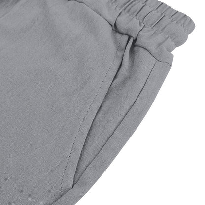 Men's Casual Khaki Linen Shorts Co-ord Set With V Neck Long Sleeve Top And Shorts
