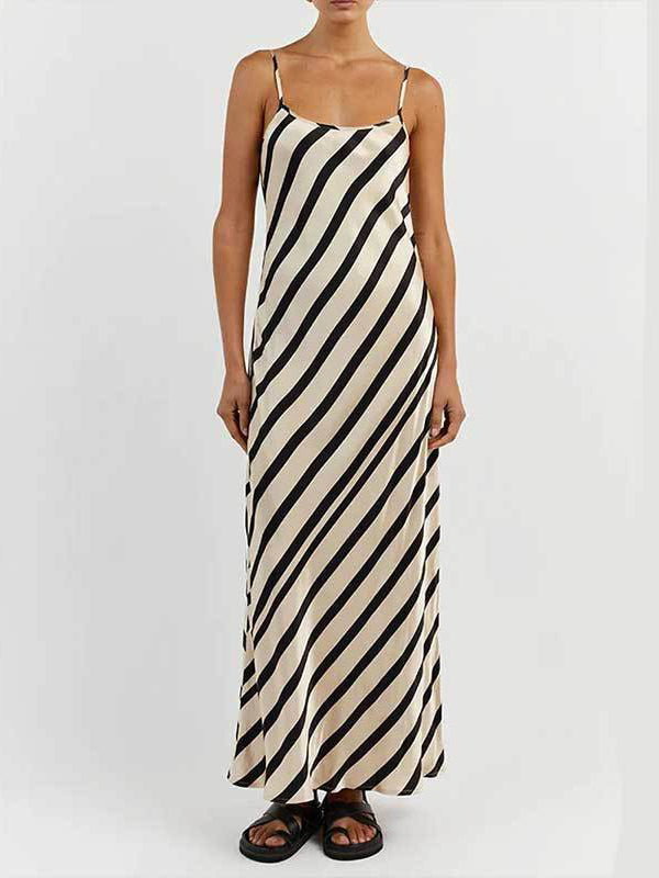 High Waisted Loose Striped Spaghetti-Neck Maxi Dresses