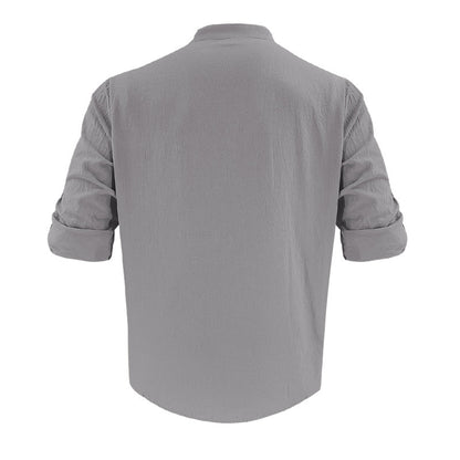 Men's Casual Khaki Linen Shorts Co-ord Set With V Neck Long Sleeve Top And Shorts