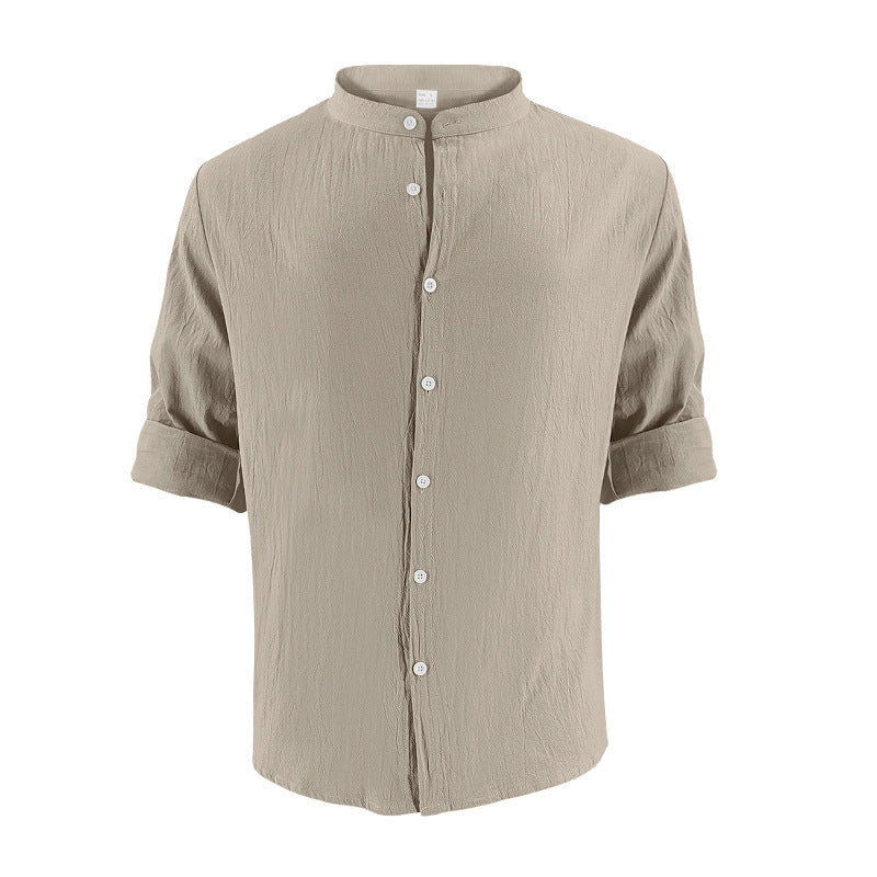 Men's Casual Khaki Linen Shorts Co-ord Set With V Neck Long Sleeve Top And Shorts