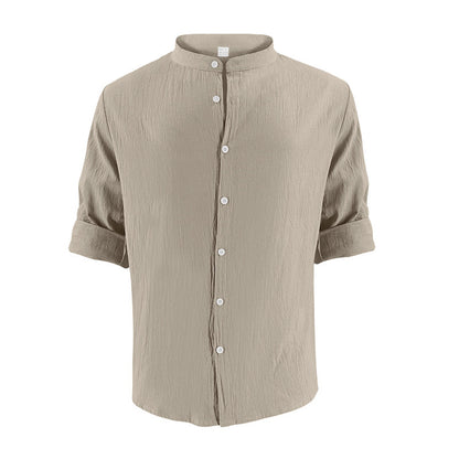 Men's Casual Khaki Linen Shorts Co-ord Set With V Neck Long Sleeve Top And Shorts