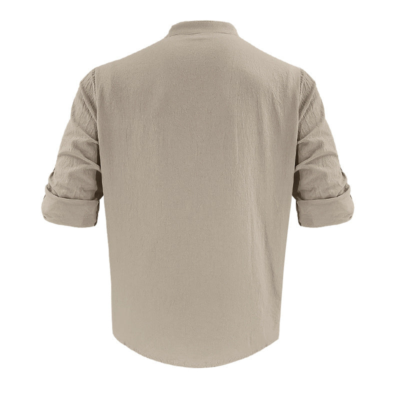 Men's Casual Khaki Linen Shorts Co-ord Set With V Neck Long Sleeve Top And Shorts