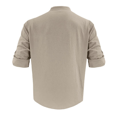 Men's Casual Khaki Linen Shorts Co-ord Set With V Neck Long Sleeve Top And Shorts