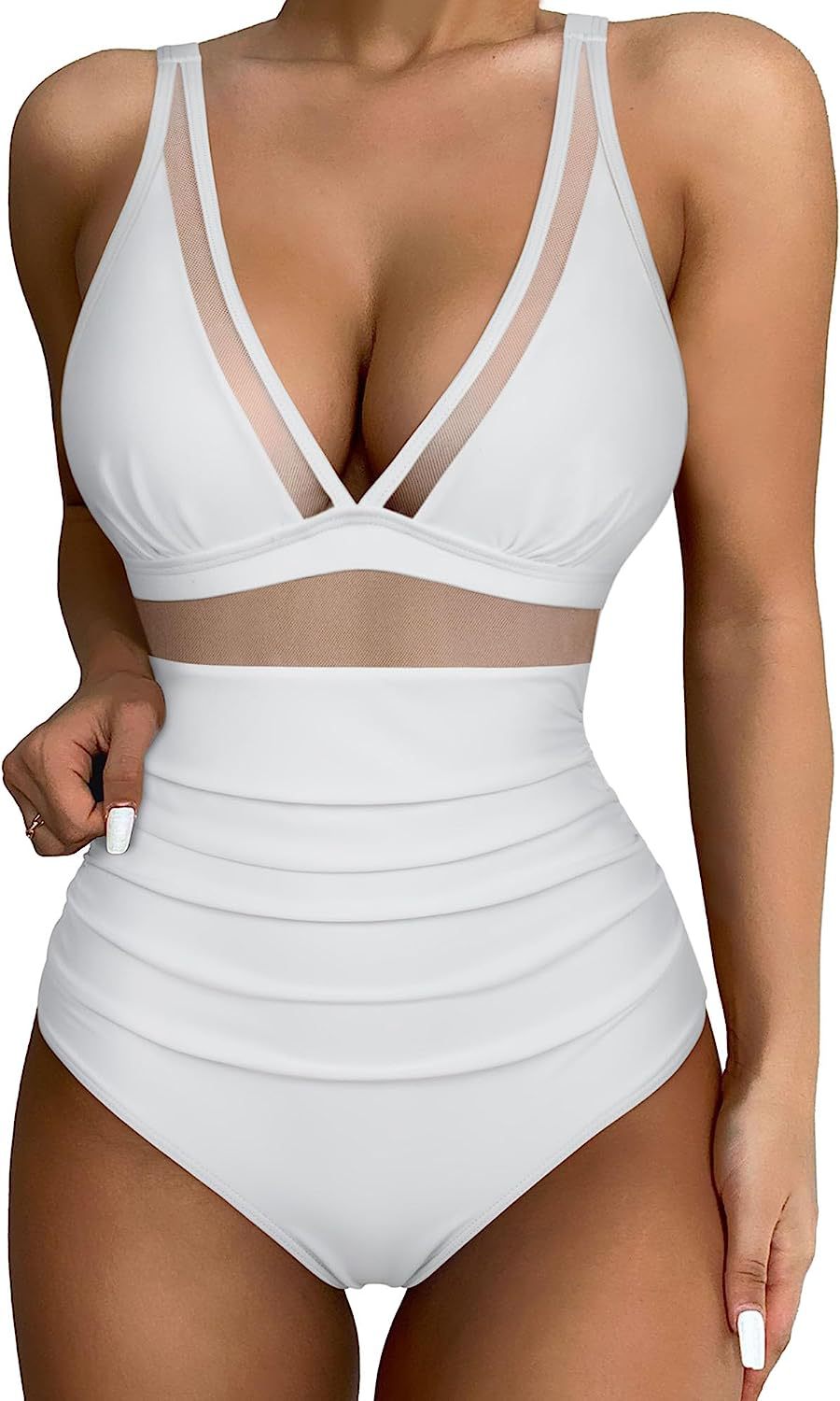 Solid Color White One-Piece Swimsuit In Nylon Fabric, Perfect For Beach Wear