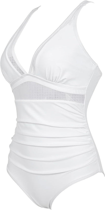 Solid Color White One-Piece Swimsuit In Nylon Fabric, Perfect For Beach Wear