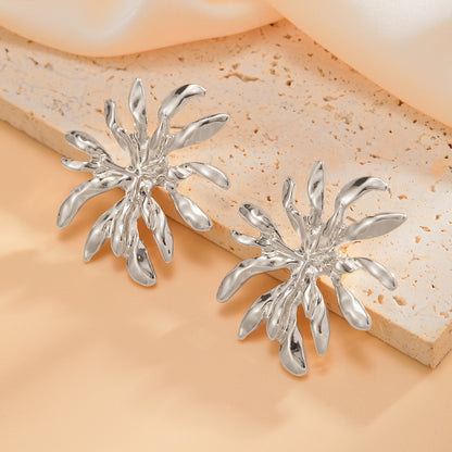 Asymmetrical Flowers Stud Earrings For Women In Zinc Alloy With Golden Plated Electroplated Finish