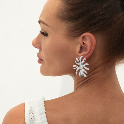 Asymmetrical Flowers Stud Earrings For Women In Zinc Alloy With Golden Plated Electroplated Finish