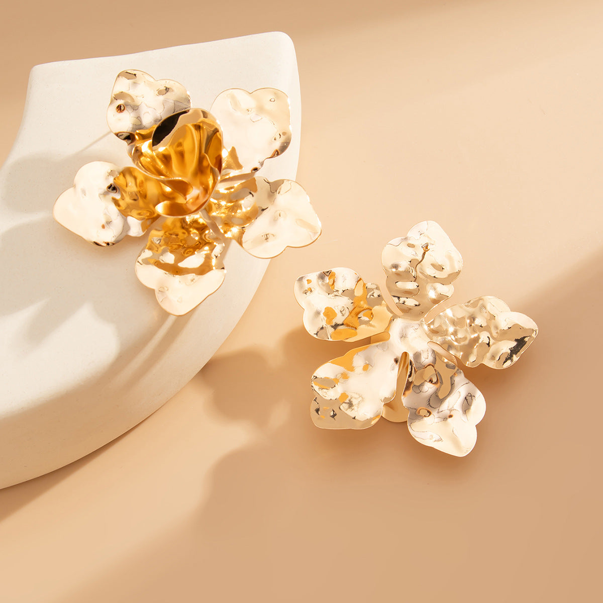 Asymmetrical Flowers Stud Earrings For Women In Zinc Alloy With Golden Plated Electroplated Finish
