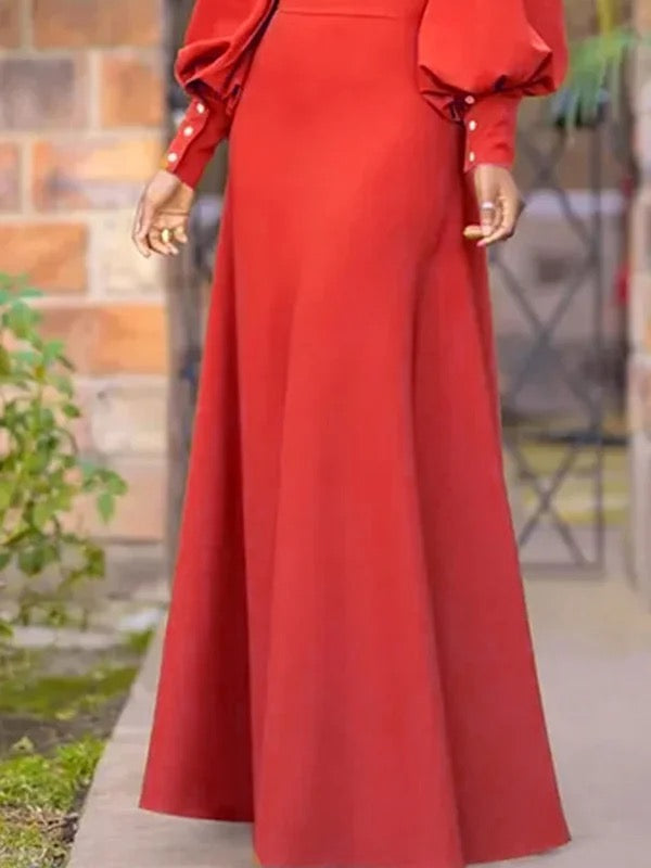 Long Sleeves Loose Buttoned Hollow Solid Color Split-Joint Round-Neck Maxi Dresses