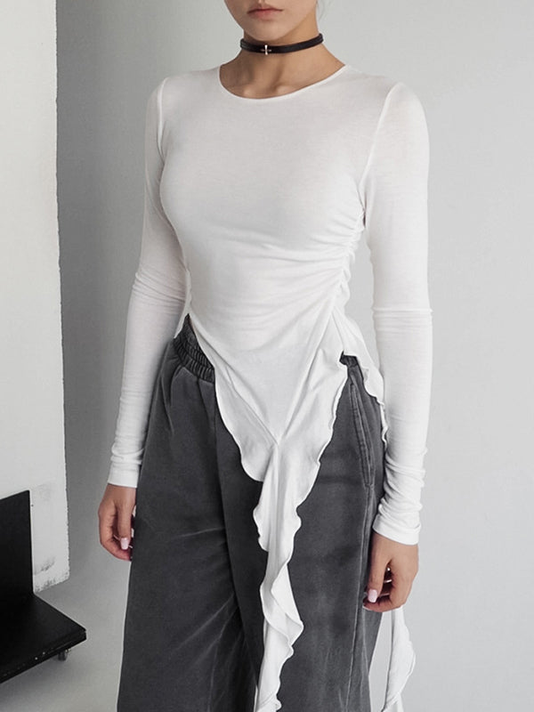 Long Sleeves Skinny Pleated Solid Color Round-Neck T-Shirts Tops