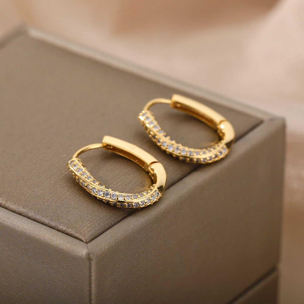 Geometric Waterproof Non Tarnish Earrings For Women, Copper With 18K Real Gold Plated PVD Coating And Zircon Inlay