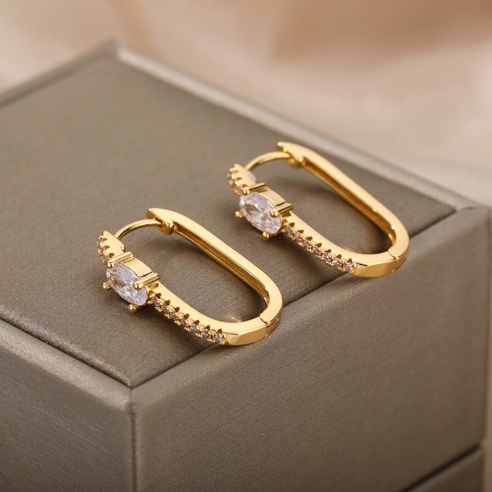 Geometric Waterproof Non Tarnish Earrings For Women, Copper With 18K Real Gold Plated PVD Coating And Zircon Inlay