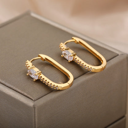 Geometric Waterproof Non Tarnish Earrings For Women, Copper With 18K Real Gold Plated PVD Coating And Zircon Inlay
