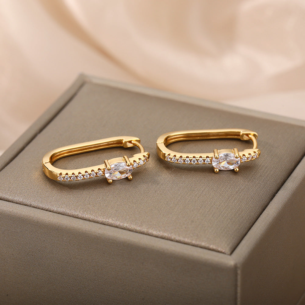 Geometric Waterproof Non Tarnish Earrings For Women, Copper With 18K Real Gold Plated PVD Coating And Zircon Inlay
