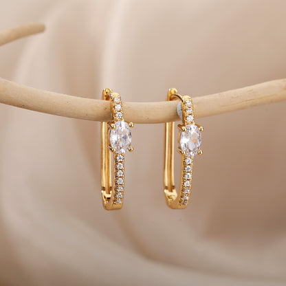 Geometric Waterproof Non Tarnish Earrings For Women, Copper With 18K Real Gold Plated PVD Coating And Zircon Inlay
