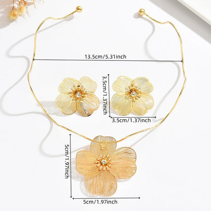 Metal Heart Necklace Earrings Set For Women Minimalist Simple Jewelry Accessories Floral Glass Inlay