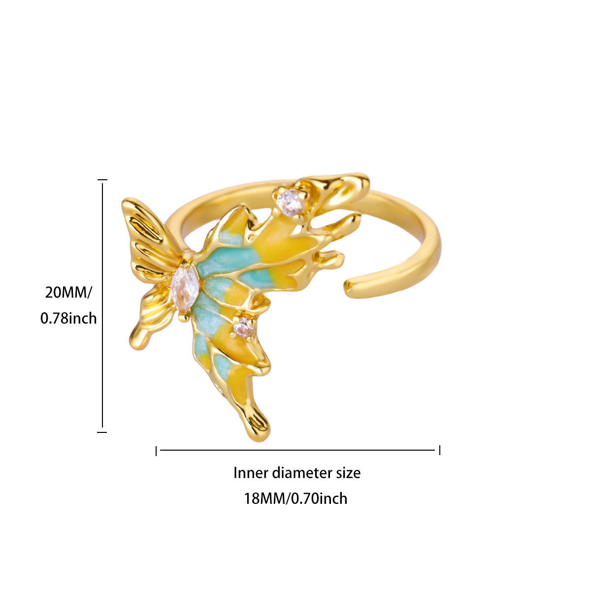 Glam Butterfly Open Ring For Women In Copper With 18K Gold Plating And Zircon Inlay