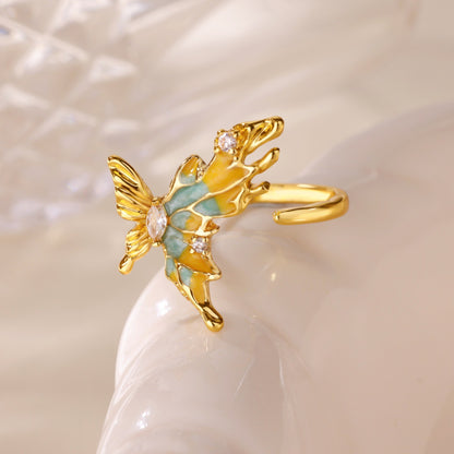 Glam Butterfly Open Ring For Women In Copper With 18K Gold Plating And Zircon Inlay