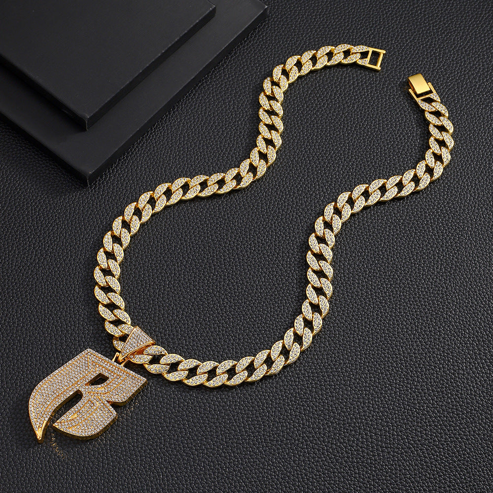Hip-Hop Style Personalized Design Full Diamond Alloy Cuban Chain Buckle Necklace Letter Pattern Zircon Inlaid Rose Gold Black Silver White