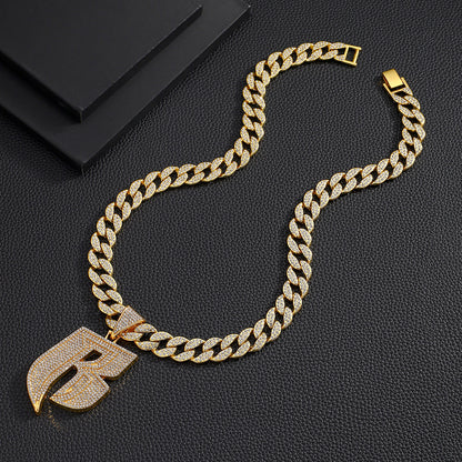 Hip-Hop Style Personalized Design Full Diamond Alloy Cuban Chain Buckle Necklace Letter Pattern Zircon Inlaid Rose Gold Black Silver White