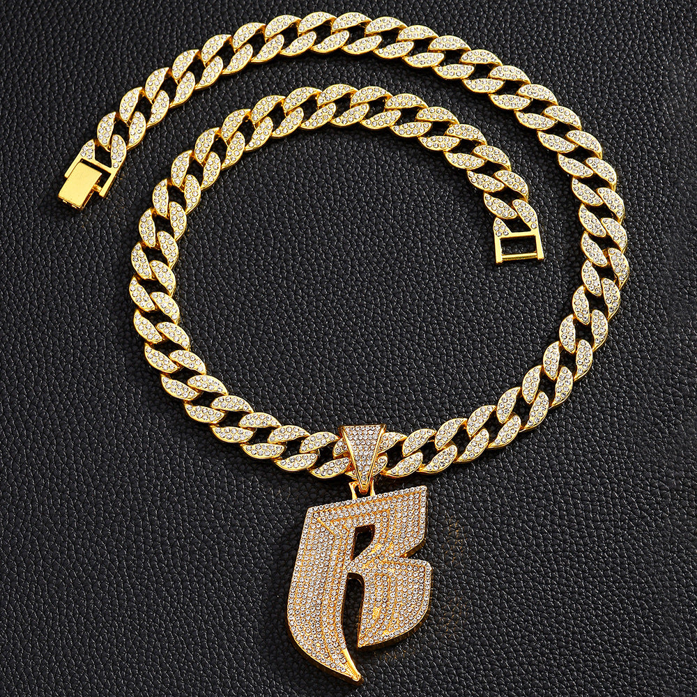 Hip-Hop Style Personalized Design Full Diamond Alloy Cuban Chain Buckle Necklace Letter Pattern Zircon Inlaid Rose Gold Black Silver White