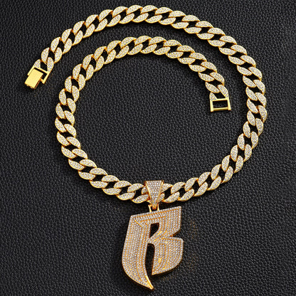 Hip-Hop Style Personalized Design Full Diamond Alloy Cuban Chain Buckle Necklace Letter Pattern Zircon Inlaid Rose Gold Black Silver White