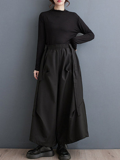 High Waisted Wide Leg Elasticity Pleated Solid Color Split-Joint Streamer Pants