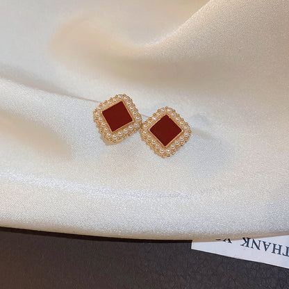 Geometric Enamel Earrings For Women In Retro Style Featuring Red Metal Design