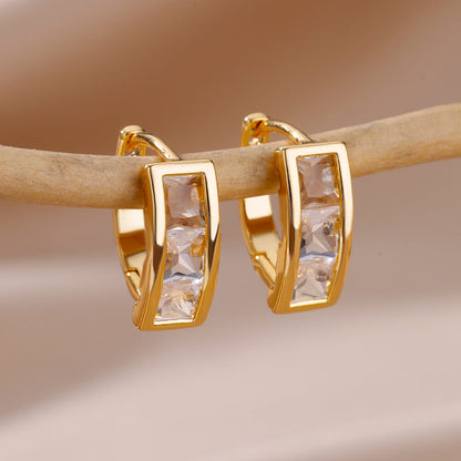 Geometric Waterproof Non Tarnish Earrings For Women, Copper With 18K Real Gold Plated PVD Coating And Zircon Inlay