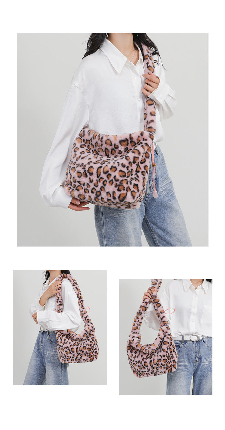 Leopard Print Plush Dumpling Shape Tote Bag For Women Featuring Sewing Thread Detail, Perfect For Autumn And Winter
