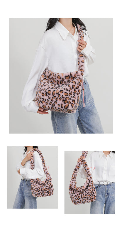 Leopard Print Plush Dumpling Shape Tote Bag For Women Featuring Sewing Thread Detail, Perfect For Autumn And Winter