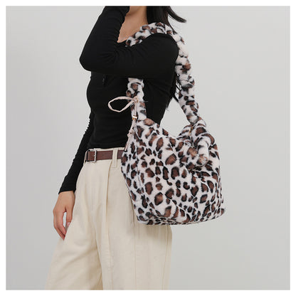 Leopard Print Plush Dumpling Shape Tote Bag For Women Featuring Sewing Thread Detail, Perfect For Autumn And Winter
