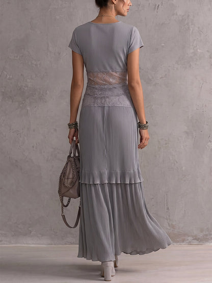 Solid Round-Neck Short Sleeves T-Shirts Tops + Pleated See-Through Split-Joint High Waisted Skirts Bottoms Two Pieces Set