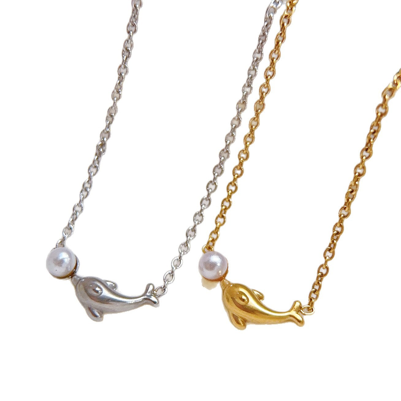 Dolphin Pendant Necklace For Women In Baroque Style With Imitation Pearl Inlay And Titanium Steel Cable Chain