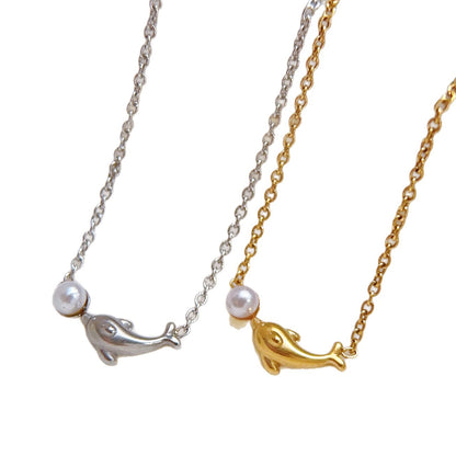 Dolphin Pendant Necklace For Women In Baroque Style With Imitation Pearl Inlay And Titanium Steel Cable Chain