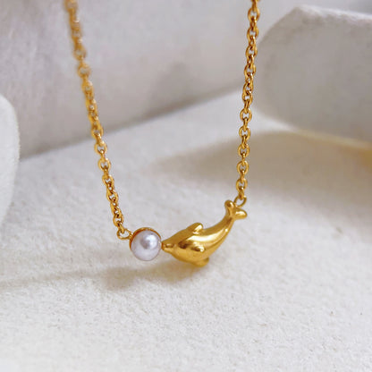 Dolphin Pendant Necklace For Women In Baroque Style With Imitation Pearl Inlay And Titanium Steel Cable Chain