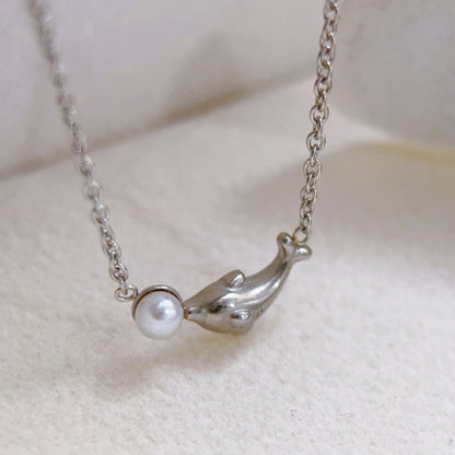 Dolphin Pendant Necklace For Women In Baroque Style With Imitation Pearl Inlay And Titanium Steel Cable Chain