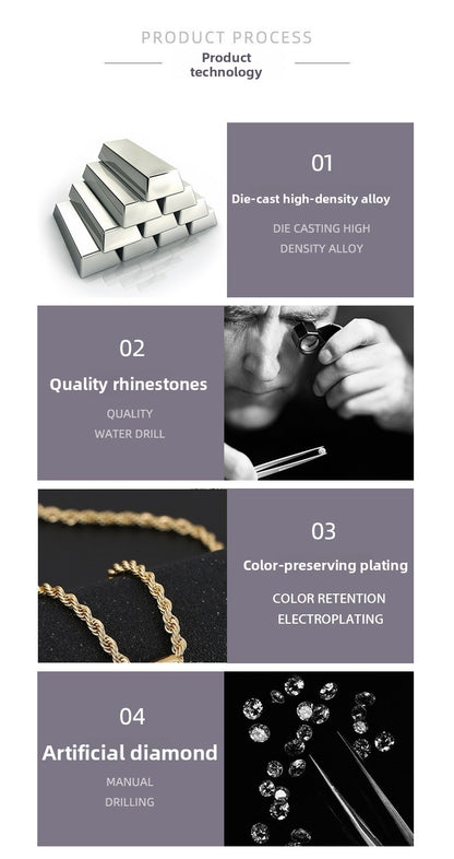 Hip-Hop Style Personalized Design Full Diamond Alloy Cuban Chain Buckle Necklace Letter Pattern Zircon Inlaid Rose Gold Black Silver White