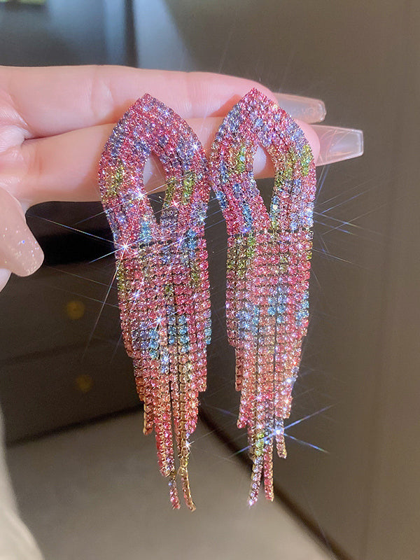 Gradient Hollow Rhine Stones Tasseled Drop Earrings