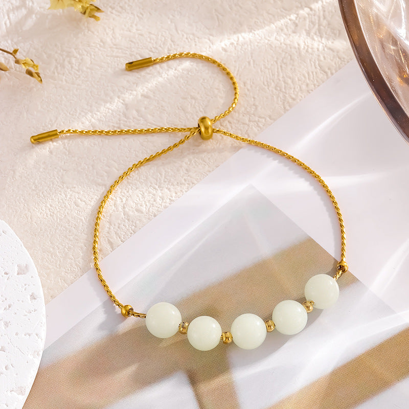 Geometric Drawstring Bracelets For Women In Simple Style, Stainless Steel With PVD Coated Gold Plating And Slider Clasp Closure