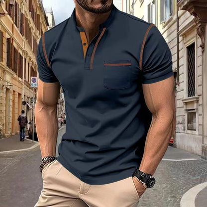 Solid Color Short Sleeve Elastane T-shirt For Men With Standing Collar In Skinny Fit