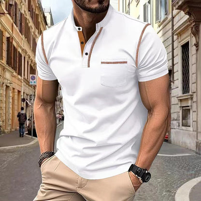 Solid Color Short Sleeve Elastane T-shirt For Men With Standing Collar In Skinny Fit