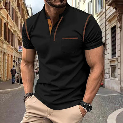 Solid Color Short Sleeve Elastane T-shirt For Men With Standing Collar In Skinny Fit