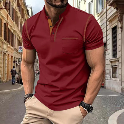 Solid Color Short Sleeve Elastane T-shirt For Men With Standing Collar In Skinny Fit