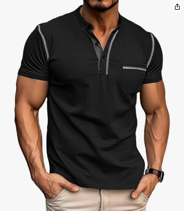 Solid Color Short Sleeve Elastane T-shirt For Men With Standing Collar In Skinny Fit