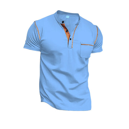 Solid Color Short Sleeve Elastane T-shirt For Men With Standing Collar In Skinny Fit